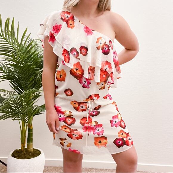 Haute Hippie Floral One Shoulder Dress Ruffle L - Picture 2 of 6